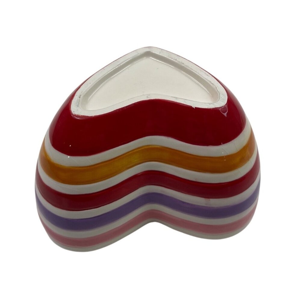 Heart-Shaped Ceramic Bowl With Multicolor Stripes Red Interior 6" Diameter - Picture 9 of 13